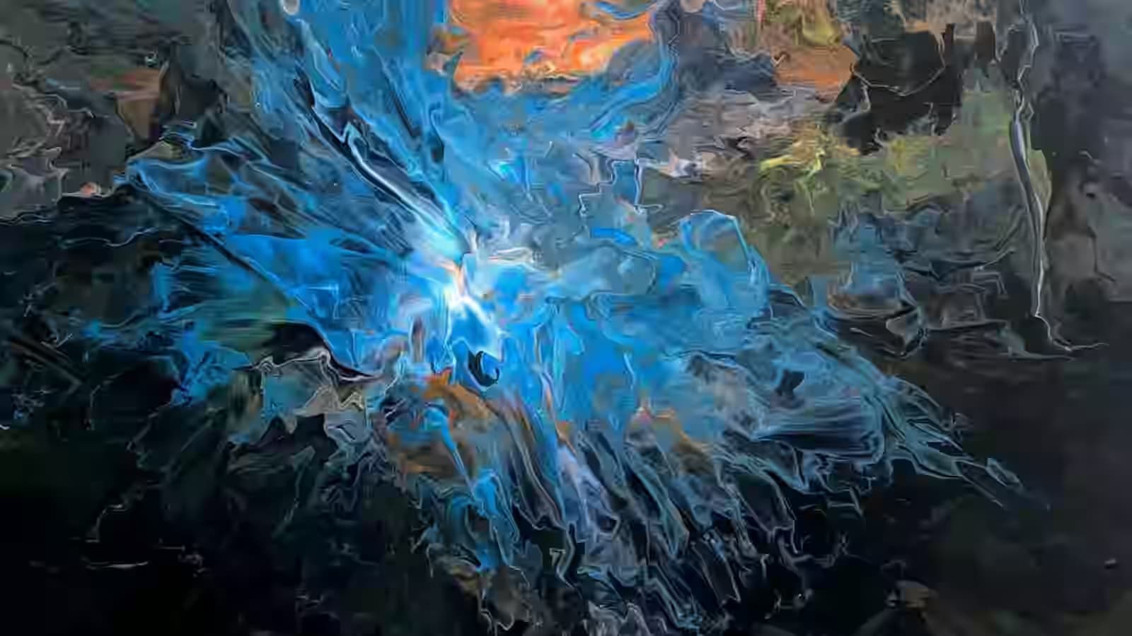 Pintura abstracta de acrílico fluido en azul, naranja y negro