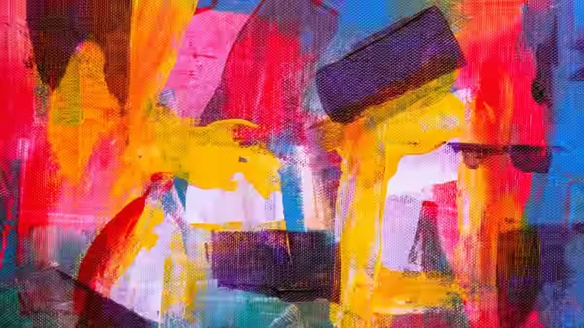 Abstract acrylic painting with red, yellow, blue and purple brushstrokes